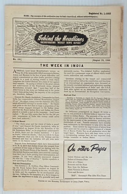 AOP India 1944 WW2 Propaganda rag BEHIND THE HEADLINES INSIDE JAPAN 8pgs