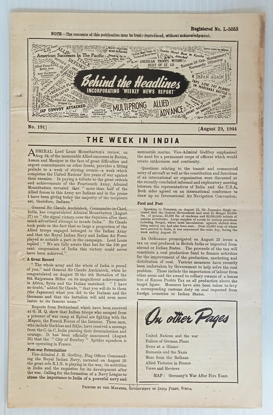 AOP India 1944 WW2 Propaganda rag BEHIND THE HEADLINES INSIDE JAPAN 8pgs