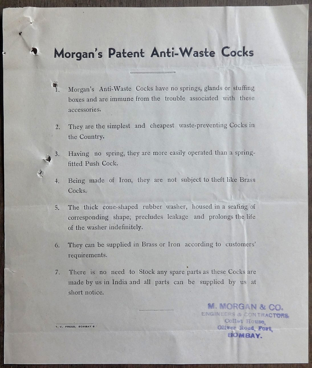 India 1939 advertisements & price list for MORGAN’S PATENT ANTI-WASTE COCKS