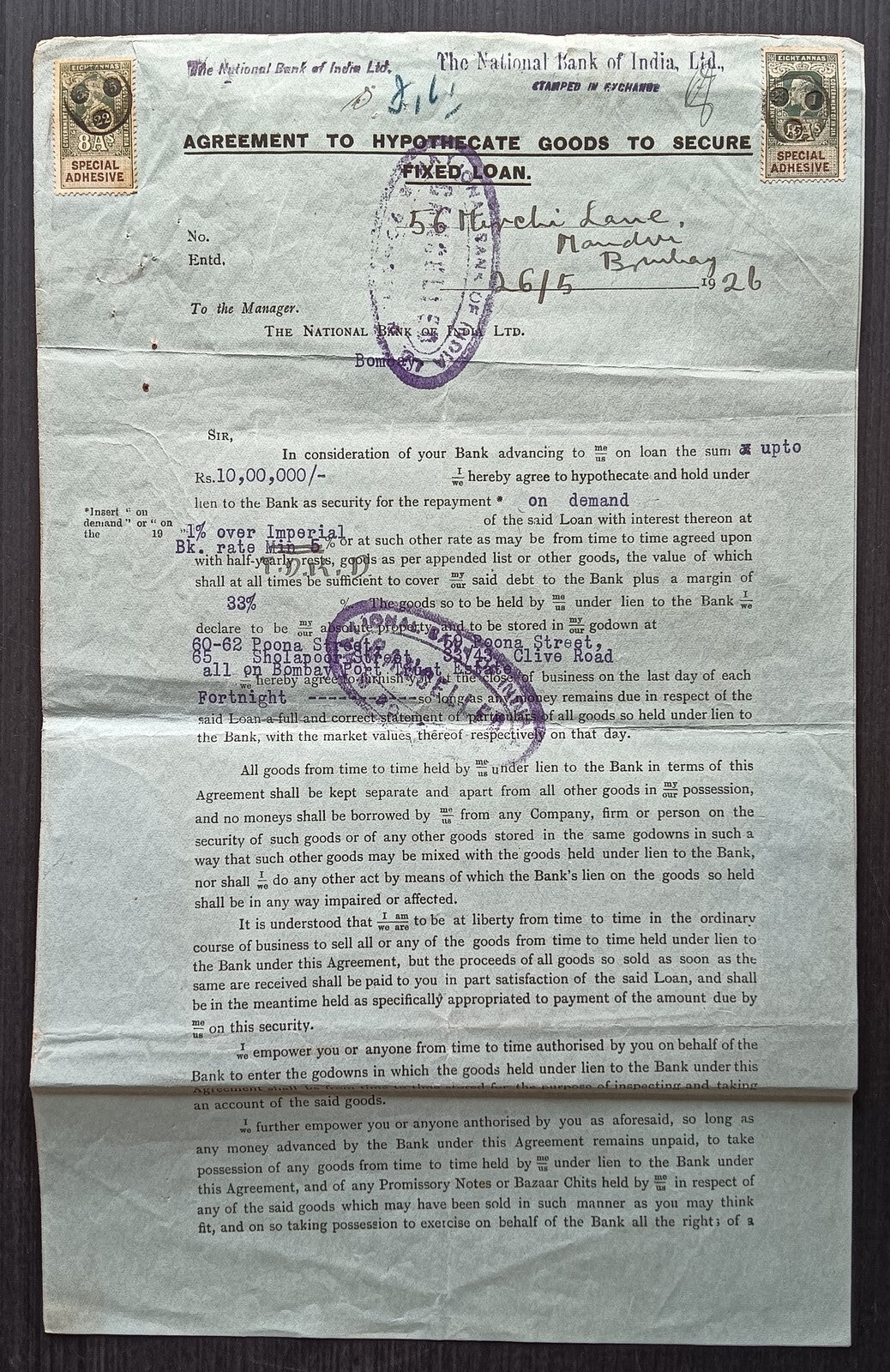 India 1926 Hypothecation Agreement for 1000000R with KGV revenue stamps