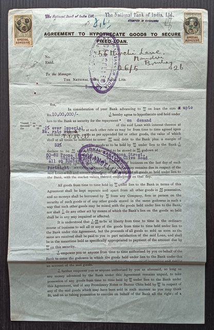 India 1926 Hypothecation Agreement for 1000000R with KGV revenue stamps