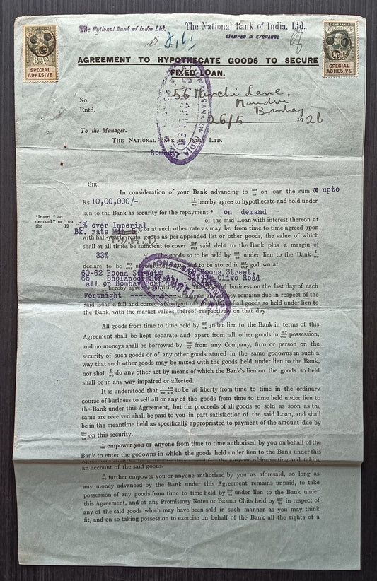 India 1926 Hypothecation Agreement for 1000000R with KGV revenue stamps