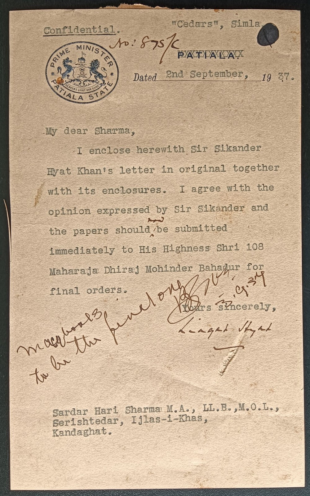 India 1937 crested letter PRIME MINISTER PATIALA STATE signed