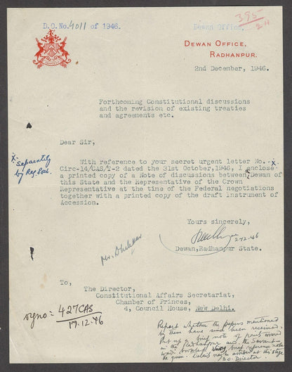 India 1946 crested letter DEWAN OFFICE RADHANPUR signed