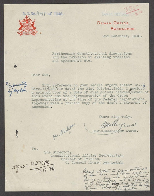 India 1946 crested letter DEWAN OFFICE RADHANPUR signed