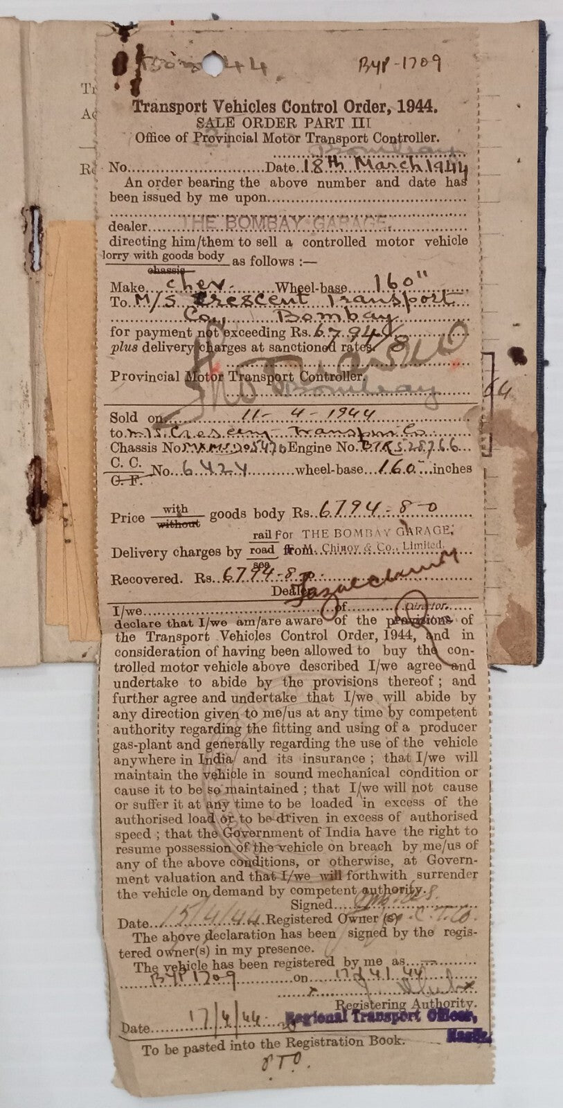 AOP India MOTOR VEHICLES ACT Registration booklet for Chevrolet Truck 1943