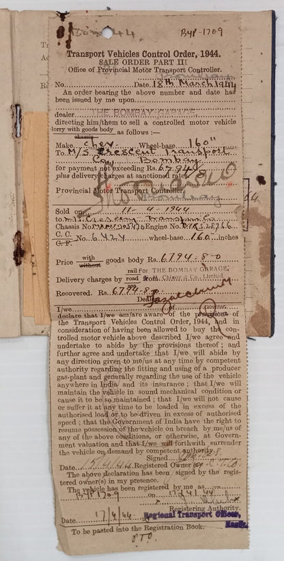 AOP India MOTOR VEHICLES ACT Registration booklet for Chevrolet Truck 1943