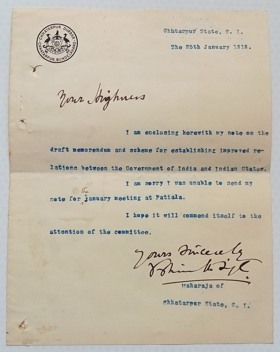 CHHATARPUR STATE India 1913 crested letter signed MAHARAJA Vishwanath Singh