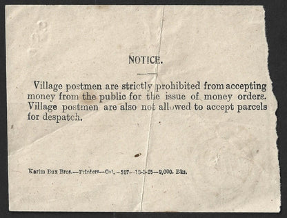 India 1928 Regd Letter receipt signed Village Postaman canc Nawalgarh ms date
