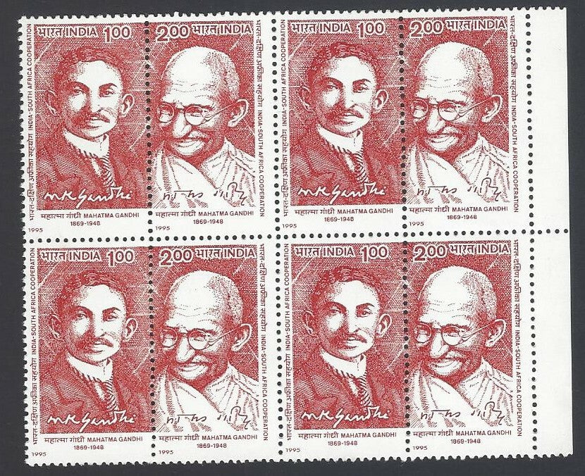India 1995 South Africa Cooperation : Mahatma Gandhi se-tenant block of 4 MNH