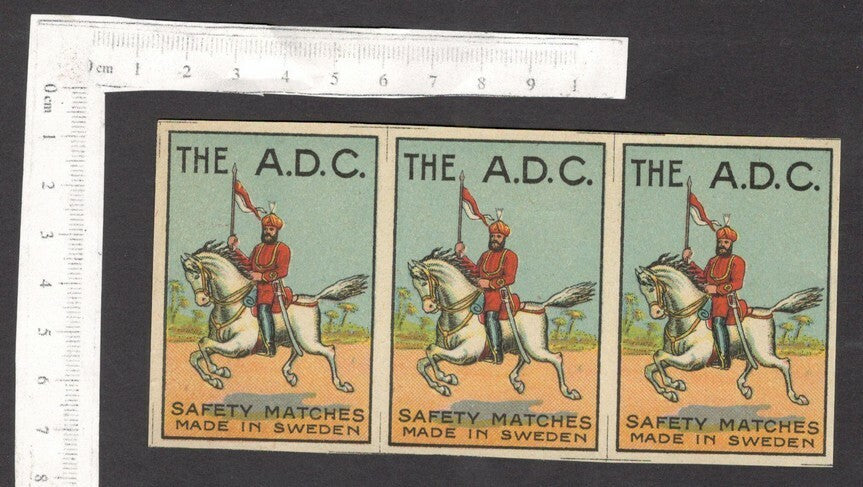 India 1930s-40s matchbox label A.D.C. uncut strip of 3 labels