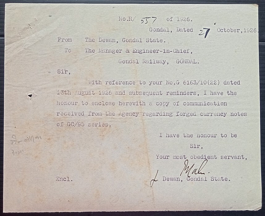 (AOP) India 1926 Official correspondence about FORGED CURRENCY