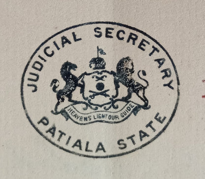 India 1917 JUDICIAL SECRETARY PATIALA STATE crested letter Emigrant Surveillance