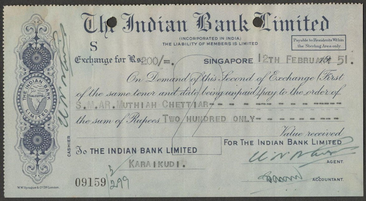 (AOP) Malaya CHECK : The Indian Bank Limited, SINGAPORE 1951