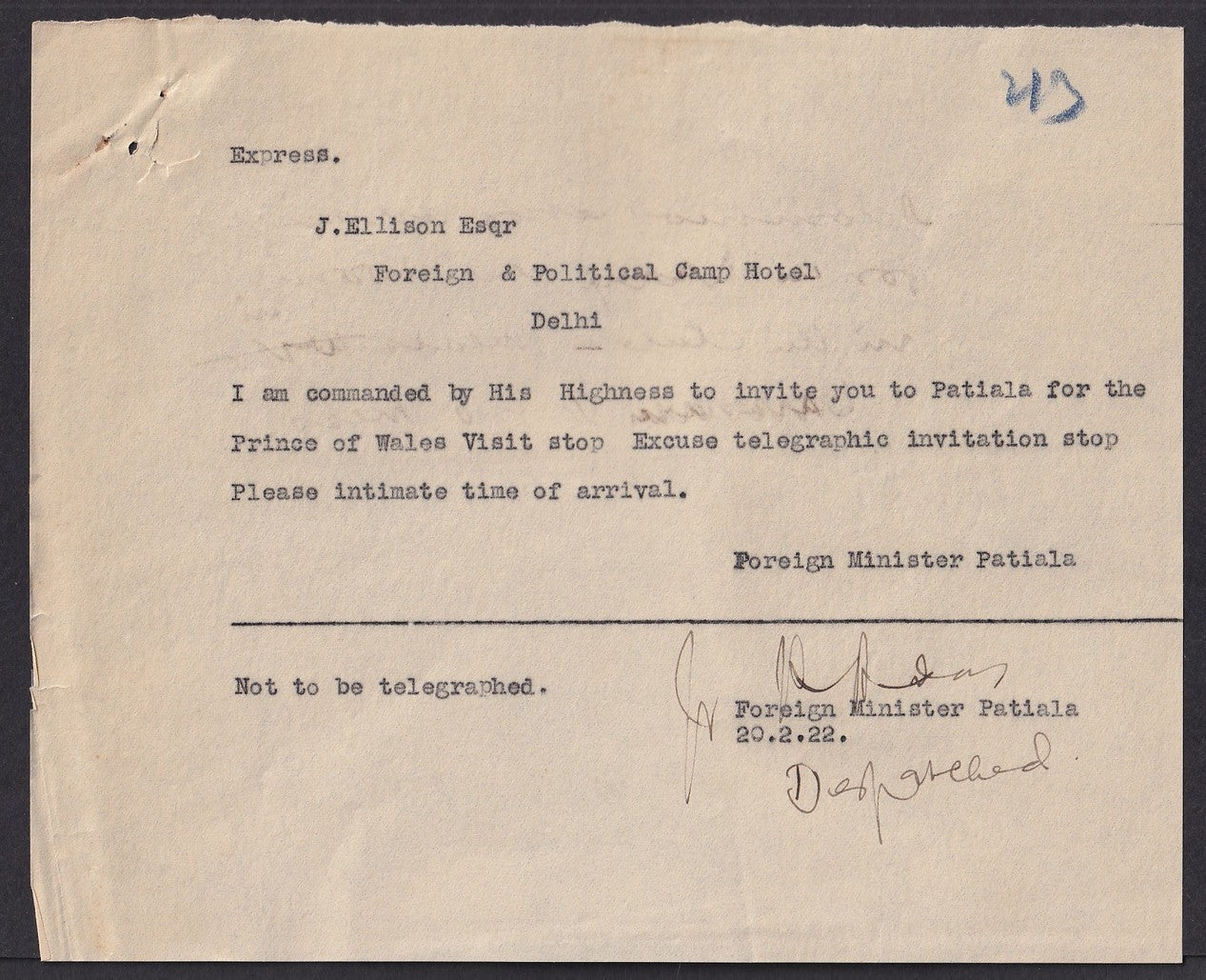 India 1922 HRH The Prince of Wales Visit invitation letter