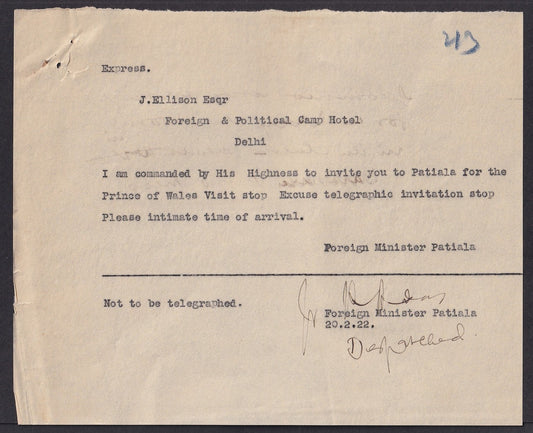 India 1922 HRH The Prince of Wales Visit invitation letter