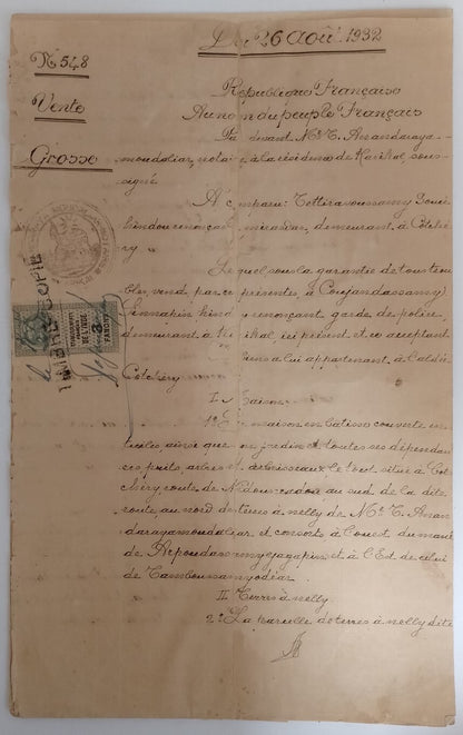 AOP French India 1909 3fa revenue stamp on 1932 8 page KARIKAL document