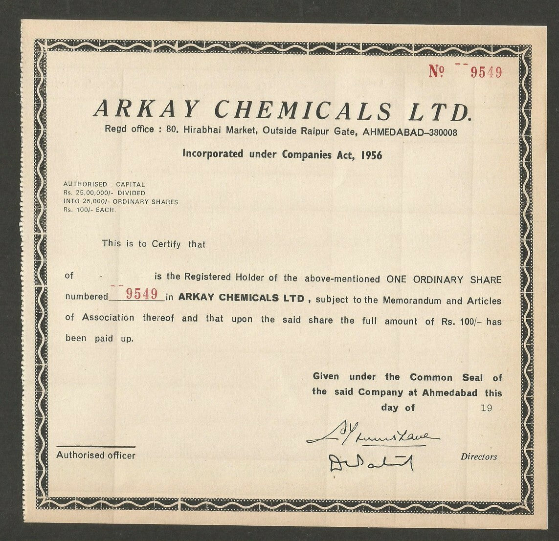 India Arkay Chemicals Ltd share certificate