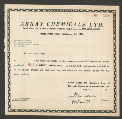 India Arkay Chemicals Ltd share certificate