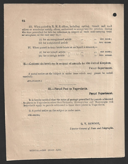 India 1939 POSTAL NOTICE Late Fee on postal articles of the letter mail