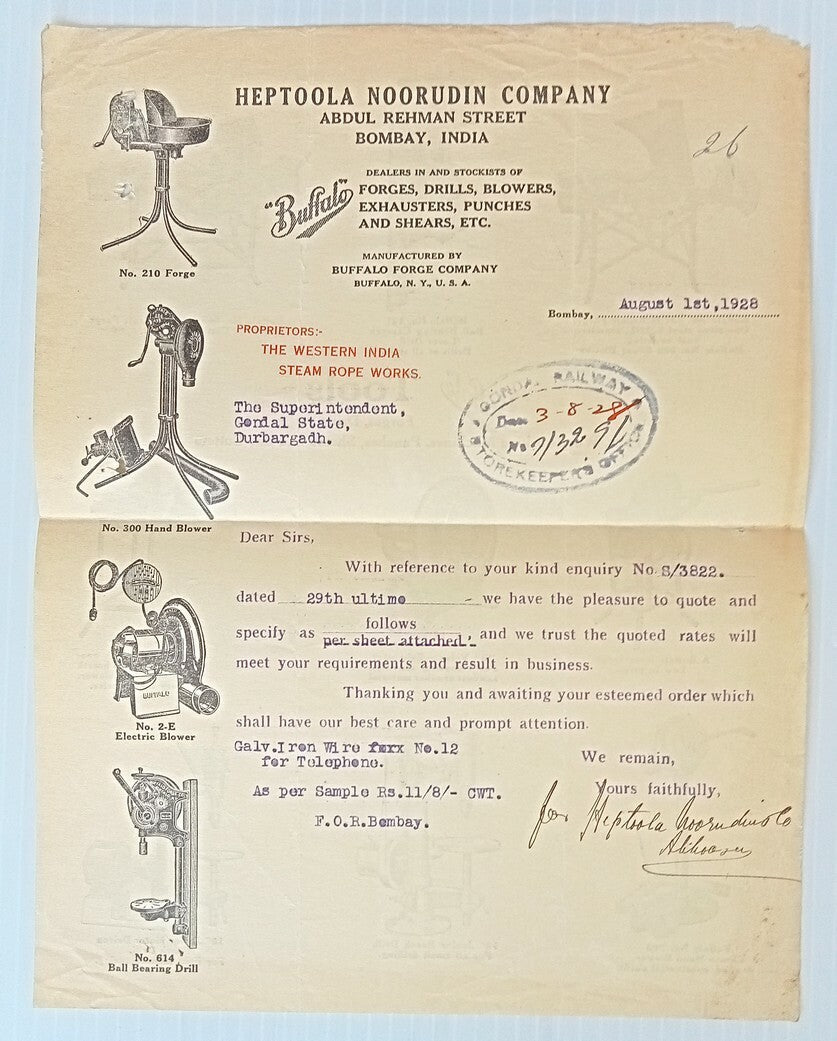 AOP Electric Blowers Bombay 1928 illustrated letterhead India