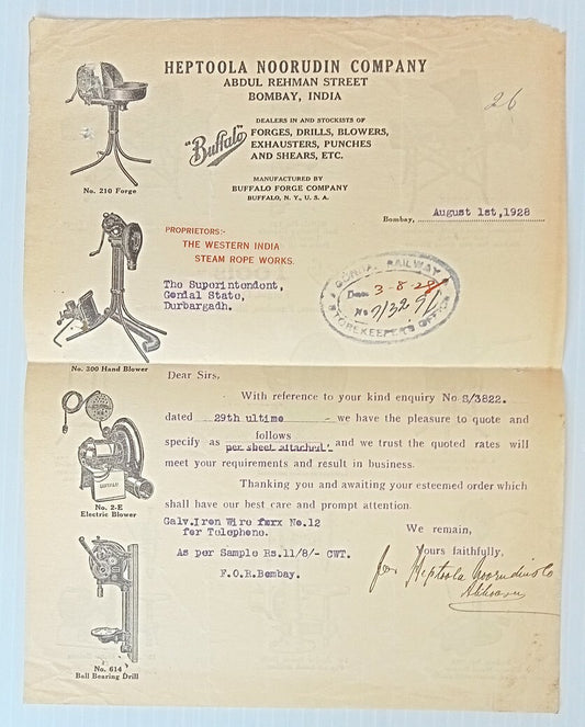 AOP Electric Blowers Bombay 1928 illustrated letterhead India