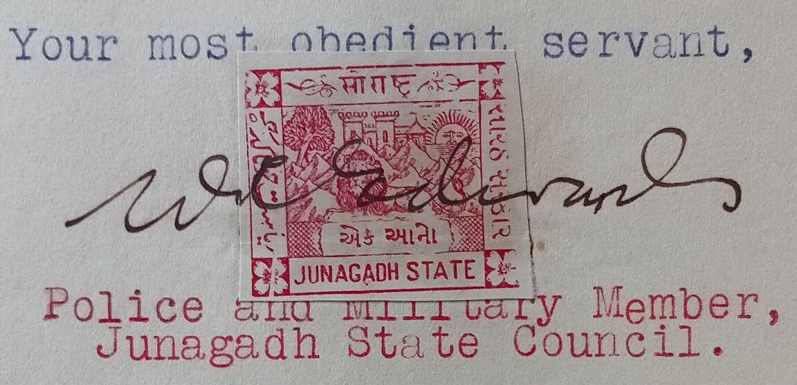 AOP India Junagad State crested herald letter 1934 with 1a Lion revenue stamp