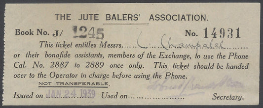 AOP India 1939 JUTE BALERS' ASSOCIATION phone ticket
