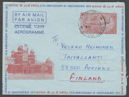 India 1972 85p illustrated Independence Anniversary aerogramme used to Finland