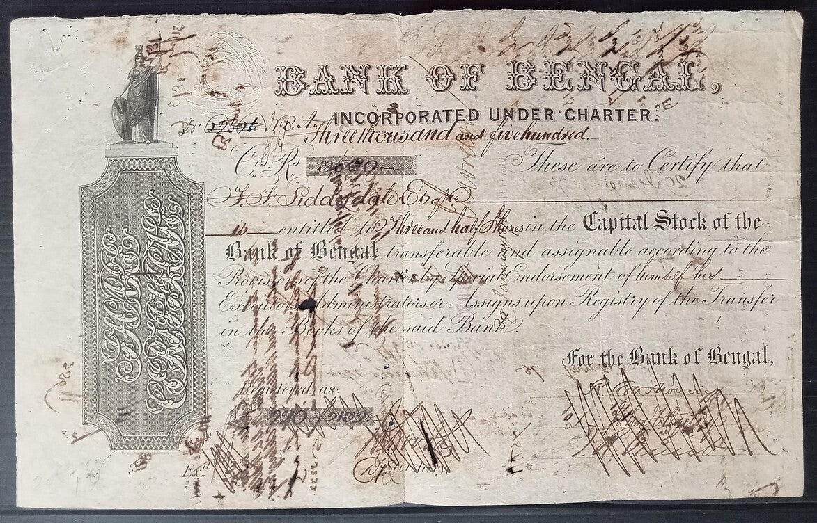 AOPIMT India Bank of Bengal 1866 share cert 13 Share Transfer stamps (46R face)