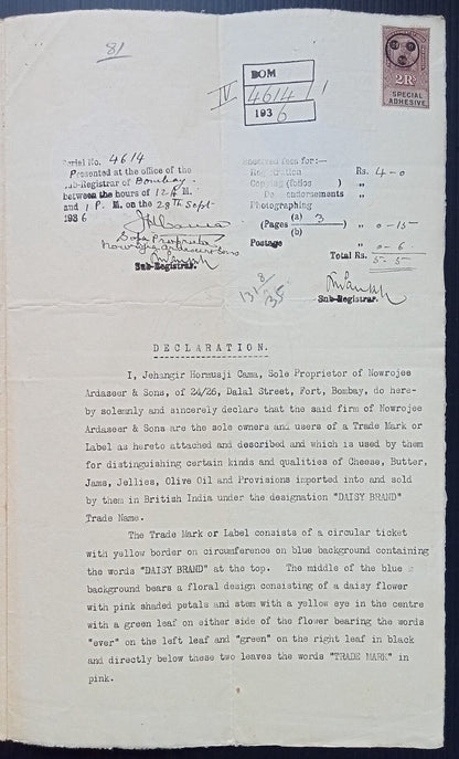 (AOP) India 1936 Daisy Brand (Holland) trade mark registration document with lab