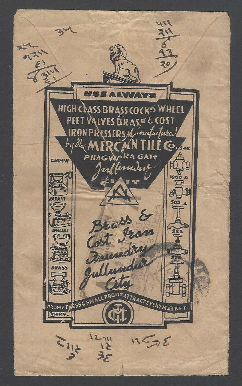 AOPIMT India illustrated 1941 advertisement cover LION BRAND BRASS COCKS & WHEEL