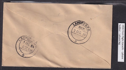 India 1934 First Flight cover Sukkur to Lahore leg of Karachi - Lahore flight