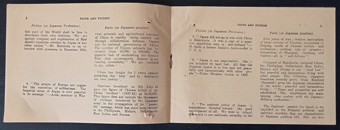 India WW2 propaganda booklet FACTS & FICTION - JAPANESE PRACTISE & PROFESSSION