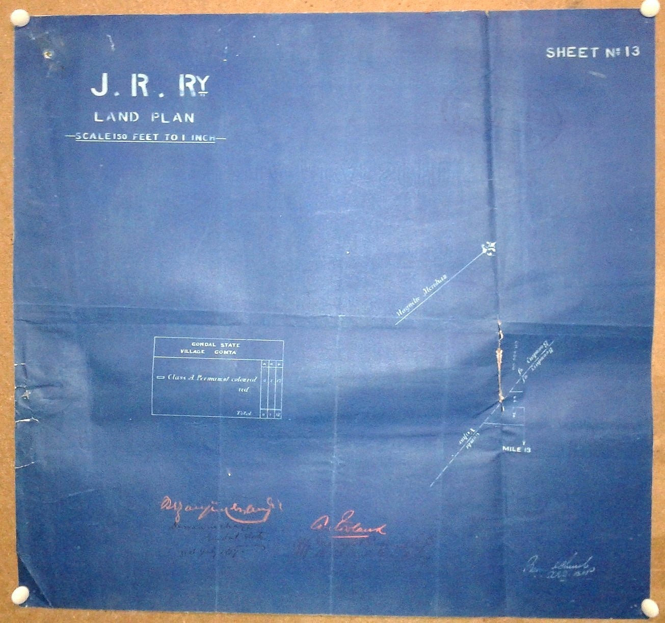 India 1899 Jetalsar Rajkot Railway signed LAND PLAN map blue print 17”x17” FAULT
