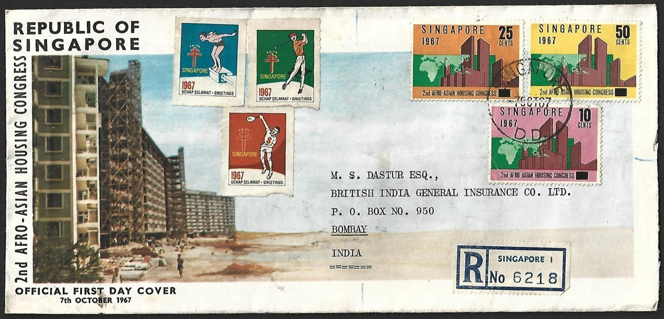 (AOP) Singapore 1967 Asian Housing Congress registered FDC to India with 3 TB la