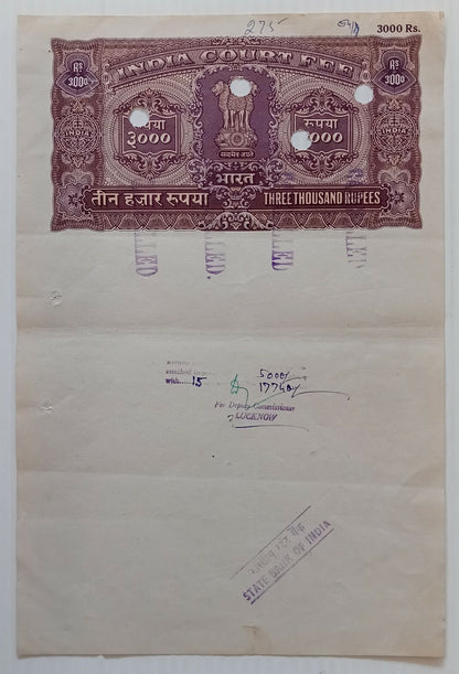 AOP India Capital 3000R stamp paper Wmk Type 15