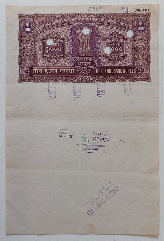 AOP India Capital 3000R stamp paper Wmk Type 15