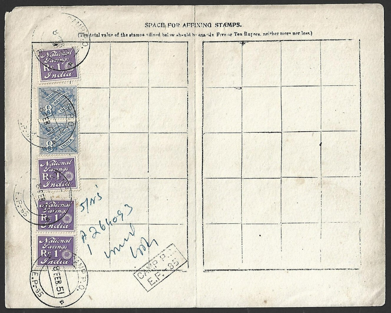 India National Savings card with 1947 NATIONAL SAVINGS INDIA stamps x 6 CAMP P.O