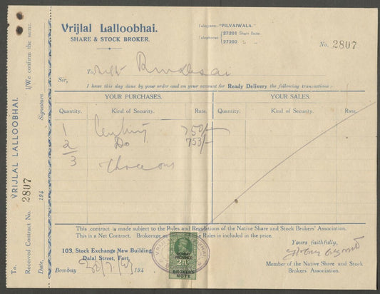 AOP India revenue Broker's Note KGV King George V 2a on 1943 Contract Note
