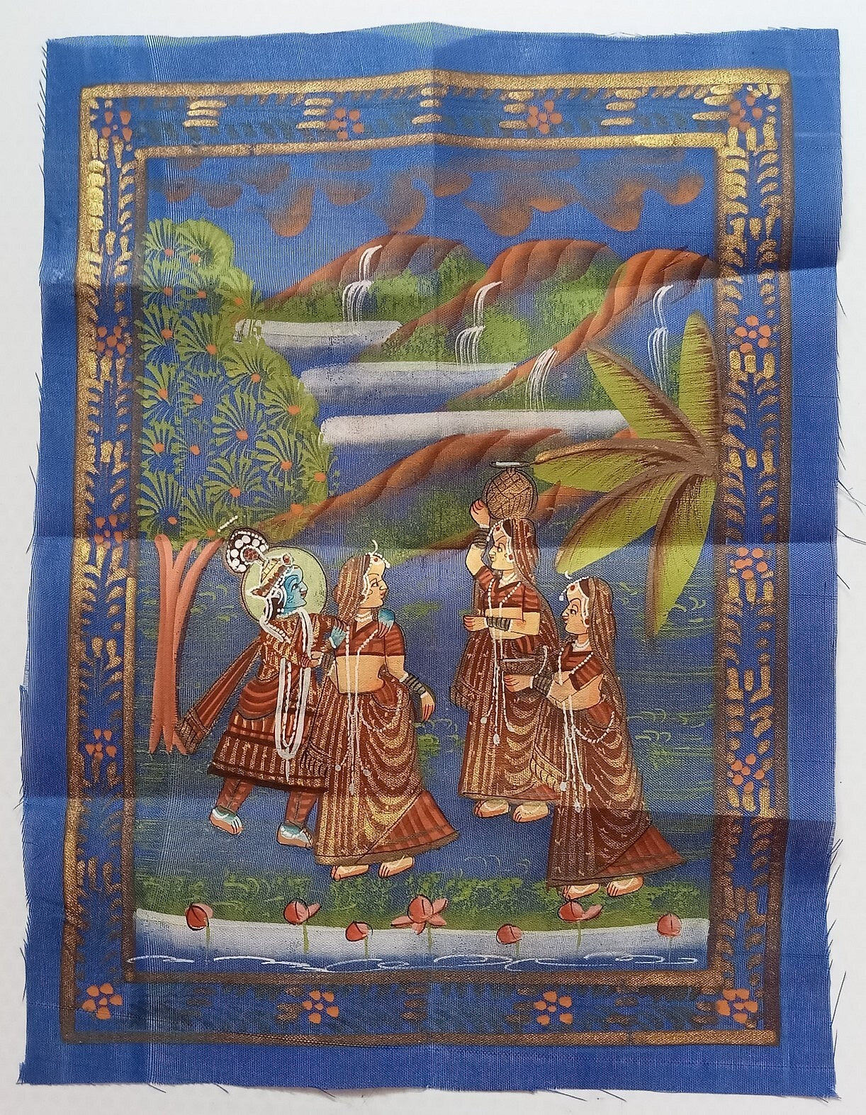 India vintage hand painting on cloth RADHA, KRISHNA & 2 GOPIS 9 x 12 inches