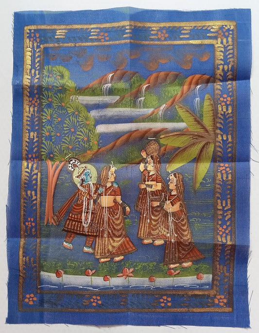 India vintage hand painting on cloth RADHA, KRISHNA & 2 GOPIS 9 x 12 inches