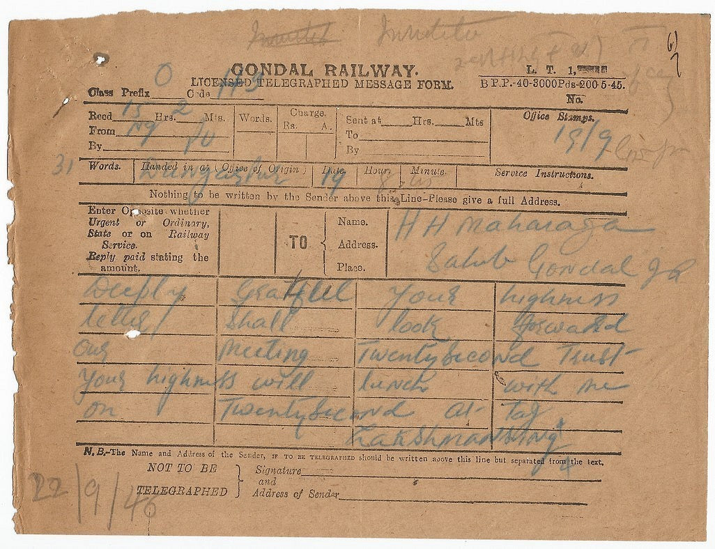 India 1946 telegram from Maharaja Laxman Singhji Dungarpur & signed response