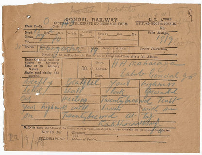 India 1946 telegram from Maharaja Laxman Singhji Dungarpur & signed response