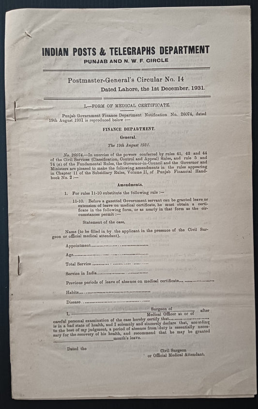 India 1931 PG'S POSTAL CIRCULAR Revision of Foreign Postal Rates, etc.