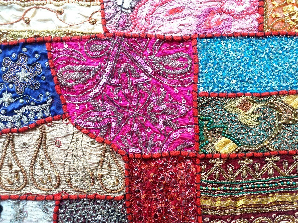 Vintage multipurpose Indian mat wi hand embroidery, sequins, beads, zari, etc