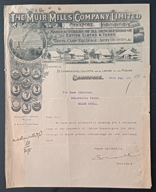 India MUIR MILLS, Cawnpore pictorial letterhead used 1916