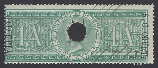 India SMALL CAUSE COURT CALCUTTA QV 1868- QV 4a on Sp Adh used. Barefoot #51