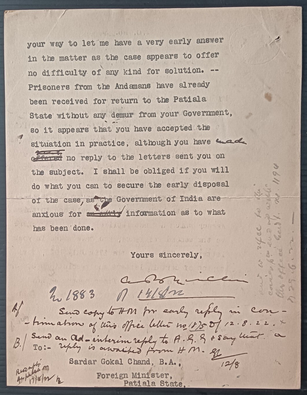 India 1922 letter - Removal of convicts from Andaman Island Jail to Patiala