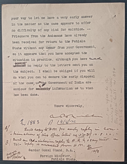 India 1922 letter - Removal of convicts from Andaman Island Jail to Patiala